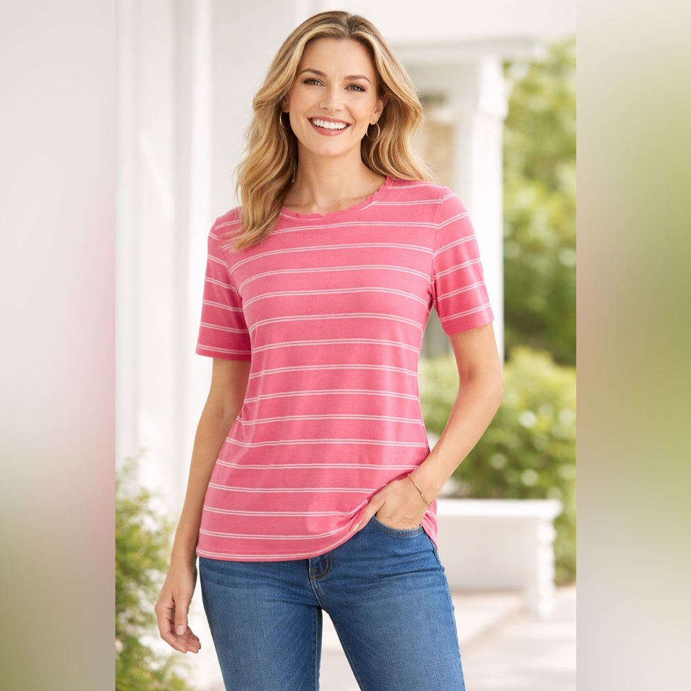 Talbots Pink & White Striped Cotton Tee Shirt Medium
